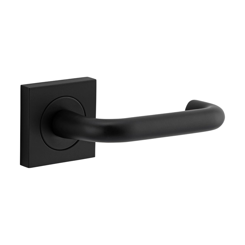 Pair of Iver Oslo Lever on Square Rose architectural hardware, featuring sleek metal handles on modern square rose plates.