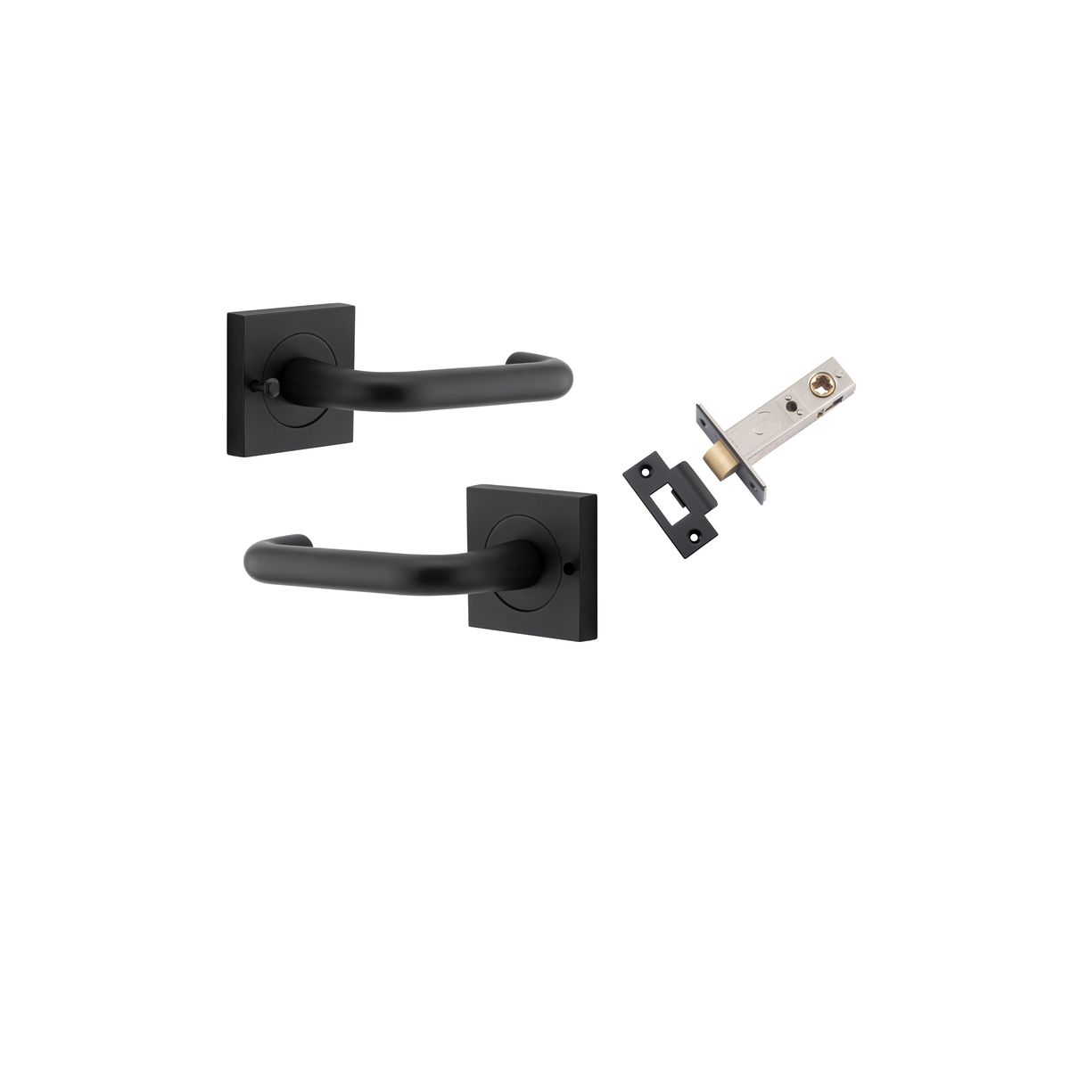 Pair of Iver Oslo Lever handles on square rose, made of architectural hardware with a sleek, modern design.
