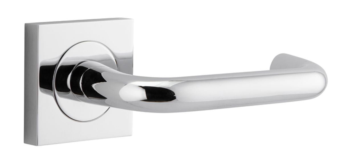 Pair of Iver Oslo Lever on Square Rose architectural hardware, featuring sleek metal levers on modern square rose plates.