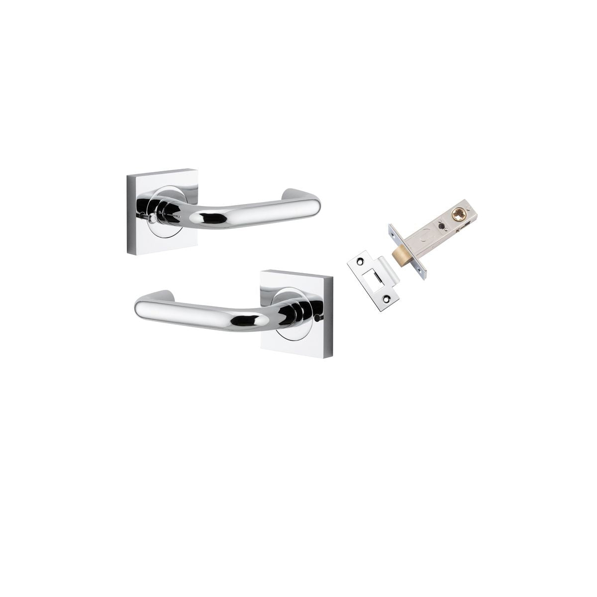 Pair of Iver Oslo Lever handles on square rose, architectural hardware with sleek, modern design, made of durable metal.