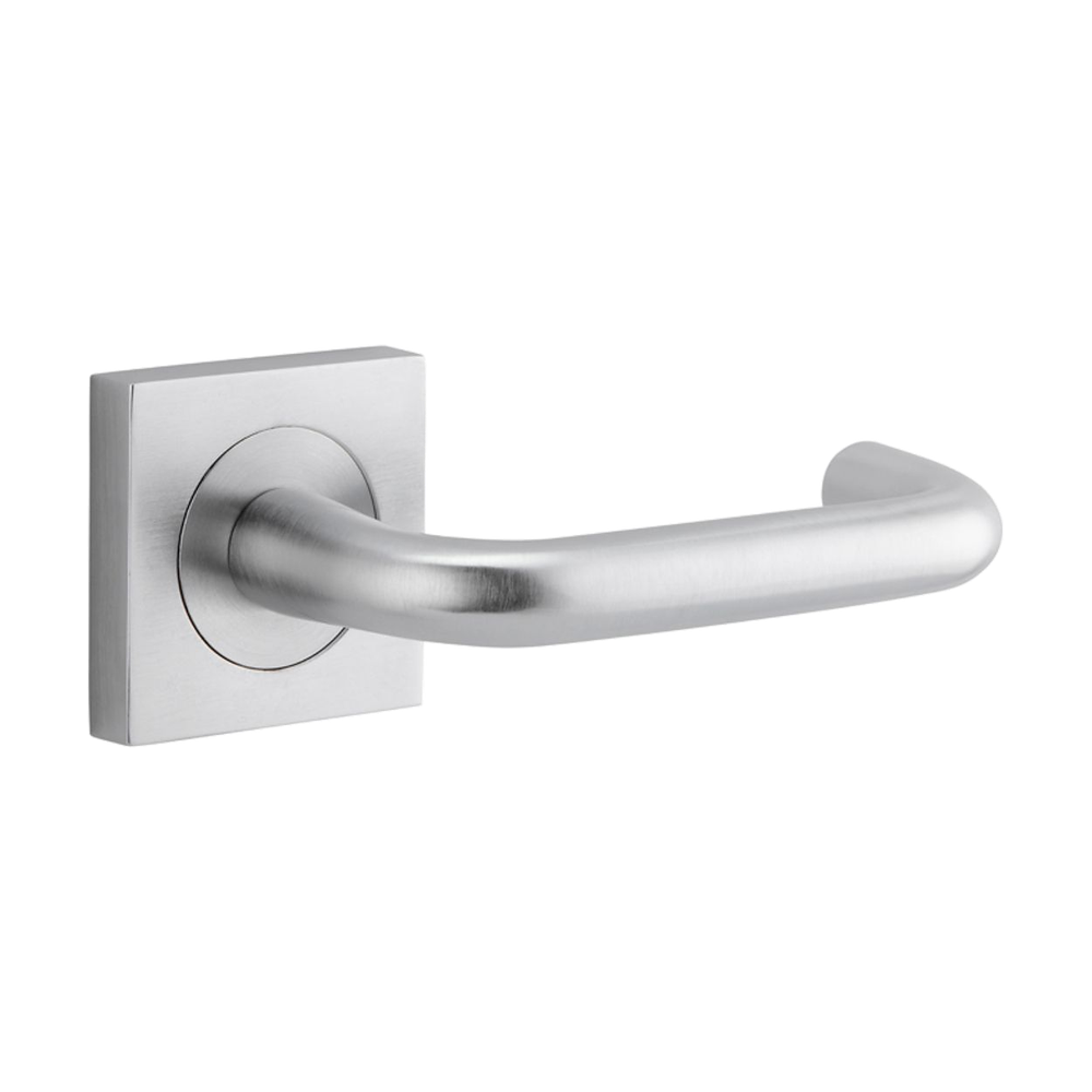 Pair of Iver Oslo lever handles on square rose, architectural hardware for doors, featuring sleek metal finish.