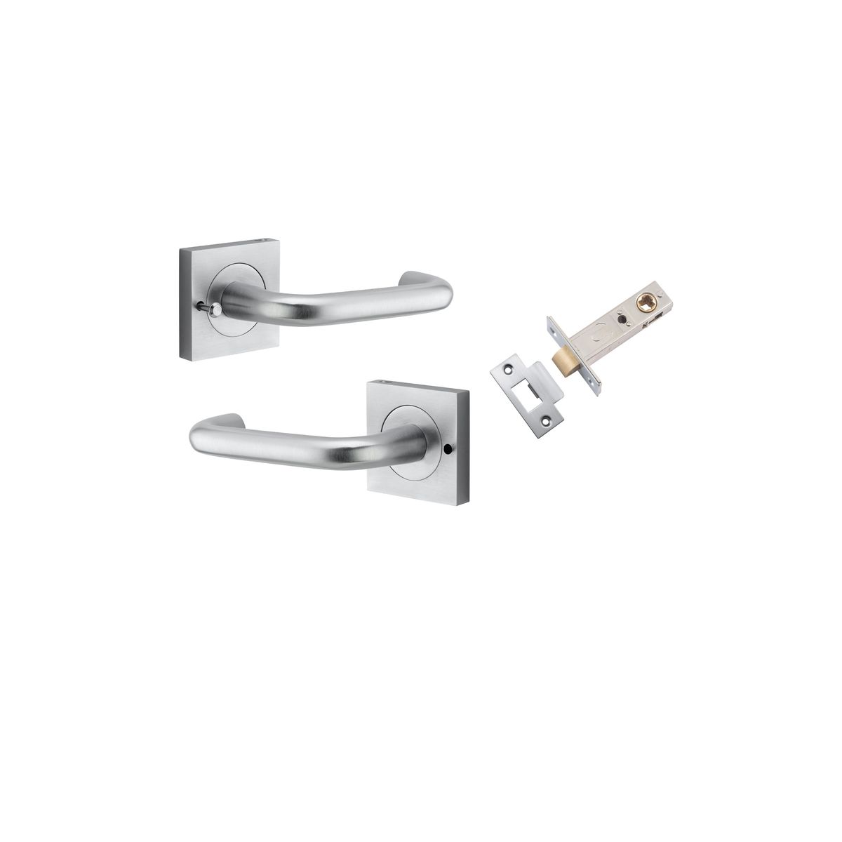 Pair of Iver Oslo Lever on Square Rose architectural hardware in black finish, showing sleek metal handles on square rose plates.