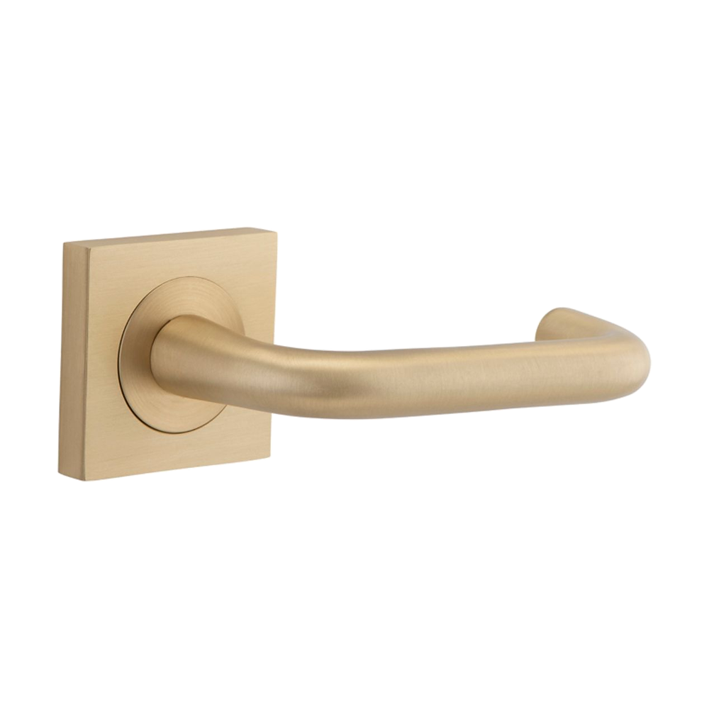 Pair of Iver Oslo Lever handles on square rose, architectural hardware with sleek modern design in a natural finish.
