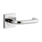 Pair of Iver Oslo Lever on Square Rose architectural hardware, polished metal handles with square rose mounts.