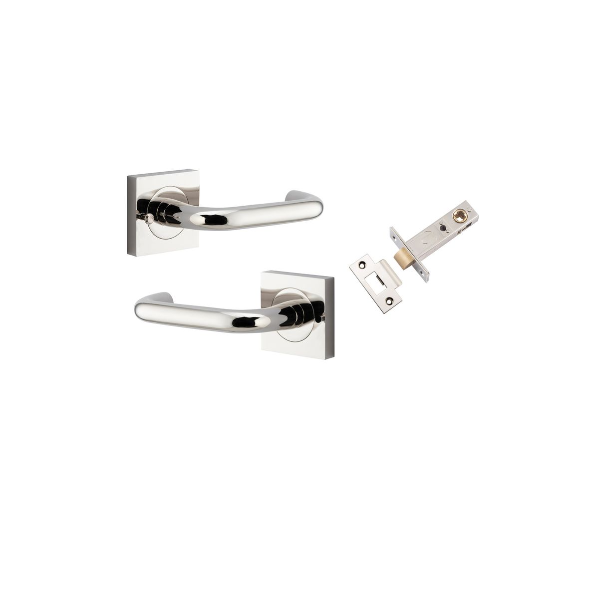 Pair of Iver Oslo Lever handles on square rose plates, architectural hardware in a sleek, modern design for doors.
