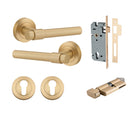 Door Lever Helsinki Round Rose Brushed Brass D52xP44mm Entrance Kit, Mortice Lock Euro Brushed Brass CTC85mm Backset 60mm, Euro Cylinder Key Thumb 6 Pin Brushed Brass L70mm, KA1, Escutcheon Euro Concealed Fix Round Pair Brushed Brass D52xP10mm in Brushed