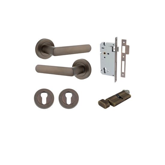 Door Lever Osaka Round Rose Signature Brass D52xP55mm Entrance Kit, Mortice Lock Euro Signature Brass CTC85mm Backset 60mm, Euro Cylinder Key Thumb 6 Pin Signature Brass L70mm KA1, Escutcheon Euro Concealed Fix Round Pair Signature Brass D52xP10mm in Sign