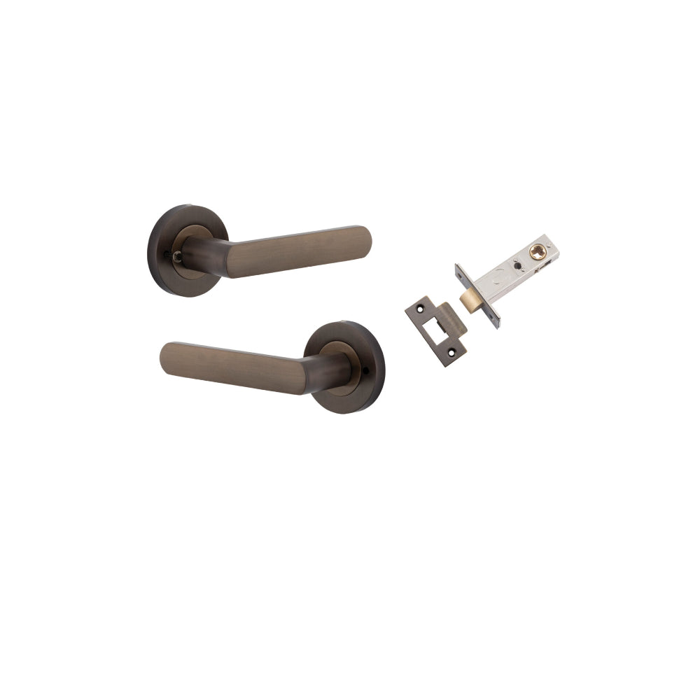 Door Lever Osaka Round Rose Inbuilt Privacy Pair Signature Brass D58xP55mm with Tube Latch Privacy with Faceplate & T Striker Backset 60mm in Signature Brass
