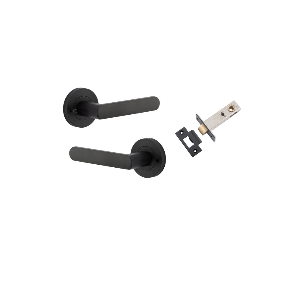 Door Lever Osaka Round Rose Inbuilt Privacy Pair Matt Black D58xP55mm with Tube Latch Privacy with Faceplate & T Striker Backset 60mm in Matt Black