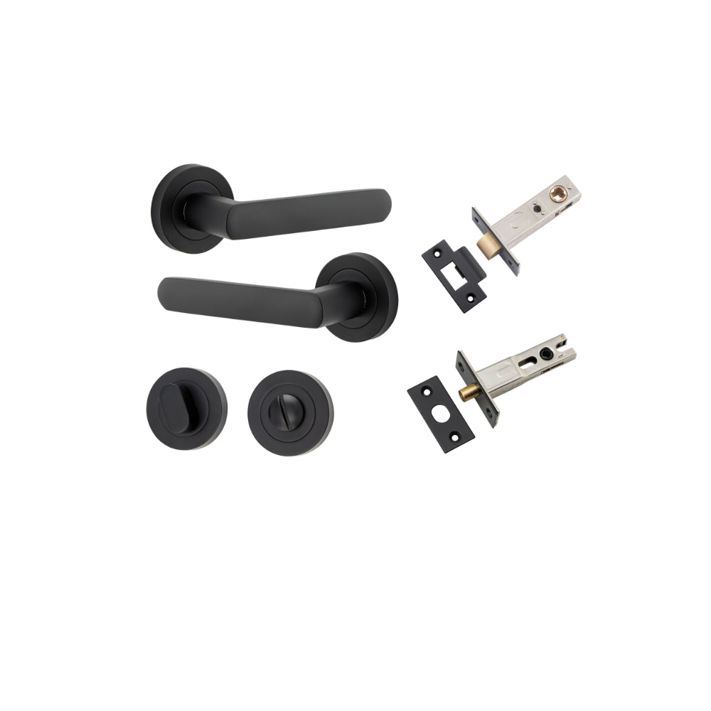 Door Lever Osaka Round Rose Matt Black D52xP55mm Privacy Kit, Tube Latch Split Cam 'T' Striker Matt Black Backset 60mm, Privacy Bolt Round Bolt Matt Black Backset 60mm, Privacy Turn Oval Concealed Fix Round Matt Black D52xP23mm in Matt Black