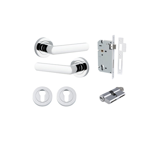 Door Lever Osaka Round Rose Polished Chrome D52xP55mm Entrance Kit, Mortice Lock Euro Polished Chrome CTC85mm Backset 60mm, Euro Cylinder Dual Function 5 Pin Polished Chrome L65mm KA1, Escutcheon Euro Concealed Fix Round Pair Polished Chrome D52xP… in Pol