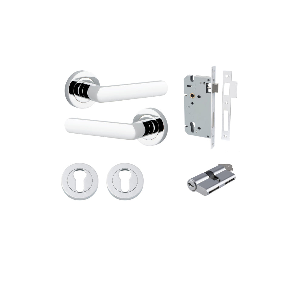 Door Lever Osaka Round Rose Polished Chrome D52xP55mm Entrance Kit, Mortice Lock Euro Polished Chrome CTC85mm Backset 60mm, Euro Cylinder Dual Function 5 Pin Polished Chrome L65mm KA1, Escutcheon Euro Concealed Fix Round Pair Polished Chrome D52xP… in Pol