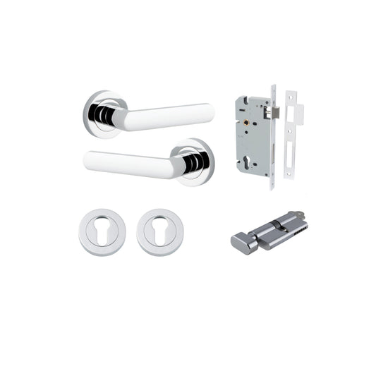 Door Lever Osaka Round Rose Polished Chrome D52xP55mm Entrance Kit, Mortice Lock Euro Polished Chrome CTC85mm Backset 60mm, Euro Cylinder Key Thumb 6 Pin Polished Chrome L70mm KA1, Escutcheon Euro Concealed Fix Round Pair Polished Chrome D52xP10mm in Poli