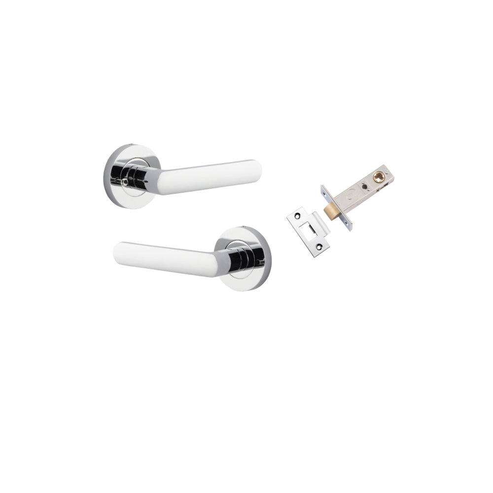 Door Lever Osaka Round Rose Inbuilt Privacy Pair Polished Chrome D58xP55mm with Tube Latch Privacy with Faceplate & T Striker Backset 60mm in Polished Chrome