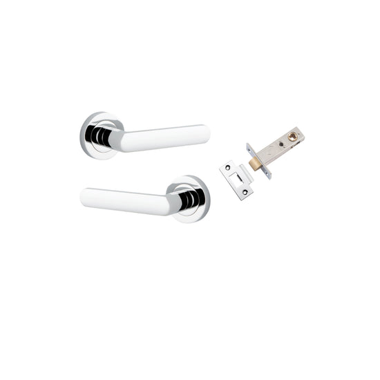 Door Lever Osaka Round Rose Polished Chrome D52xP55mm Passage Kit, Tube Latch Split Cam 'T' Striker Polished Chrome Backset 60mm in Polished Chrome