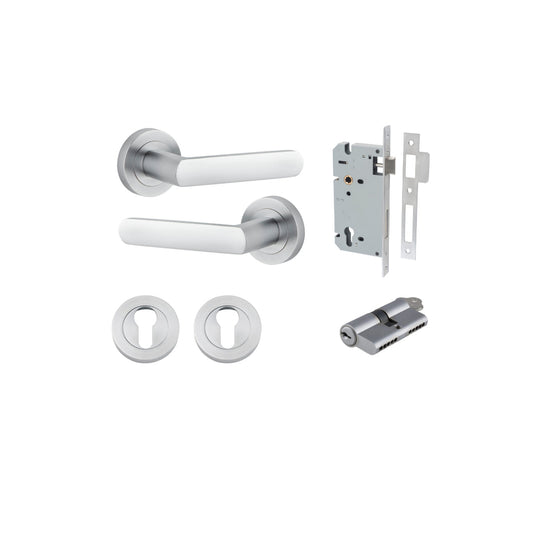 Door Lever Osaka Round Rose Brushed Chrome D52xP55mm Entrance Kit, Mortice Lock Euro Brushed Chrome CTC85mm Backset 60mm, Euro Cylinder Dual Function 5 Pin Brushed Chrome L65mm KA1, Escutcheon Euro Concealed Fix Round Pair Brushed Chrome D52xP10mm in Brus