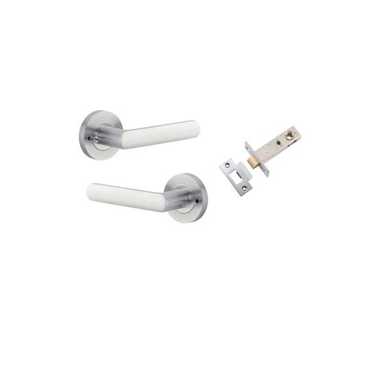 Door Lever Osaka Round Rose Inbuilt Privacy Pair Brushed Chrome D58xP55mm with Tube Latch Privacy with Faceplate & T Striker Backset 60mm in Brushed Chrome