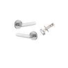 Door Lever Osaka Round Rose Inbuilt Privacy Pair Brushed Chrome D58xP55mm with Tube Latch Privacy with Faceplate & T Striker Backset 60mm in Brushed Chrome