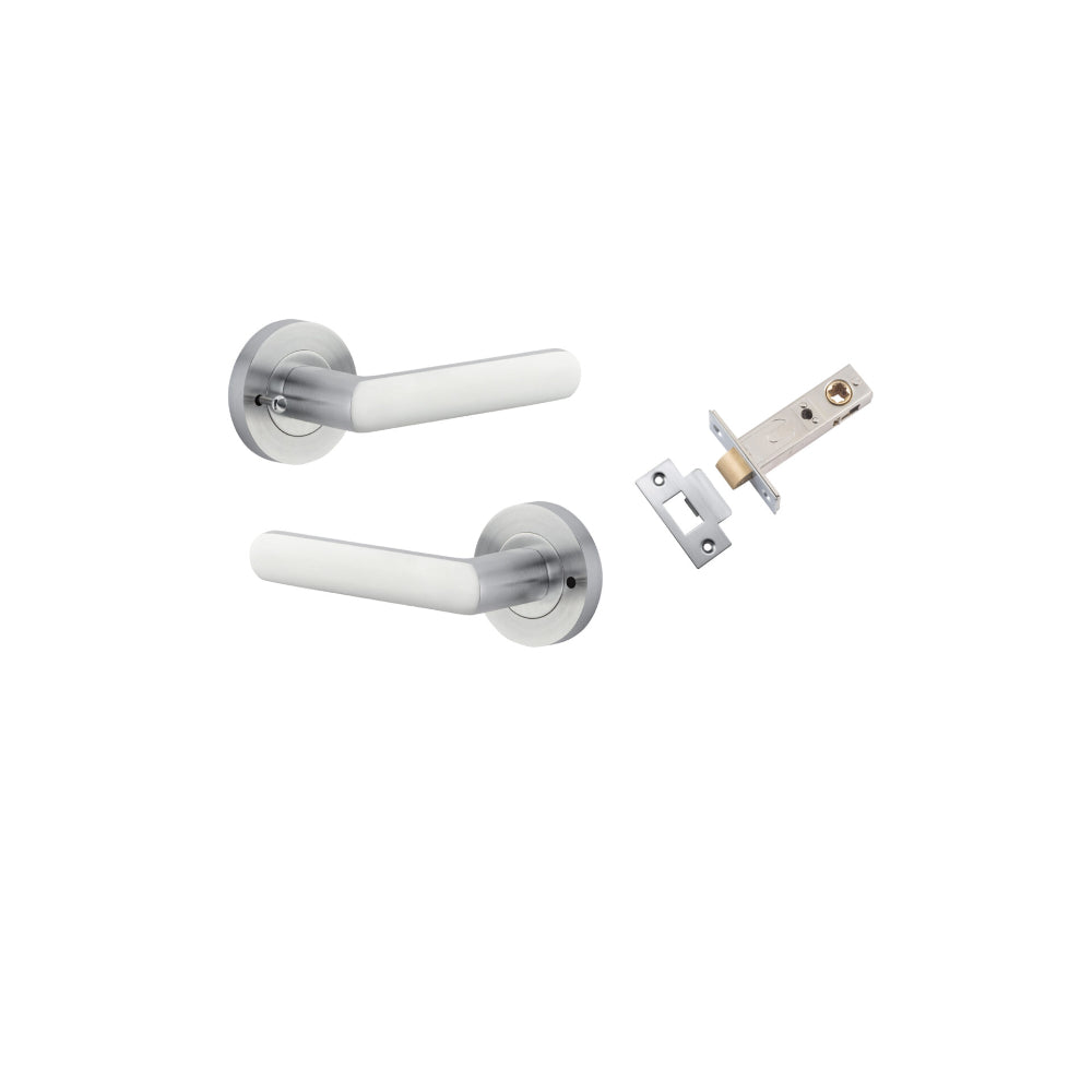 Door Lever Osaka Round Rose Inbuilt Privacy Pair Brushed Chrome D58xP55mm with Tube Latch Privacy with Faceplate & T Striker Backset 60mm in Brushed Chrome