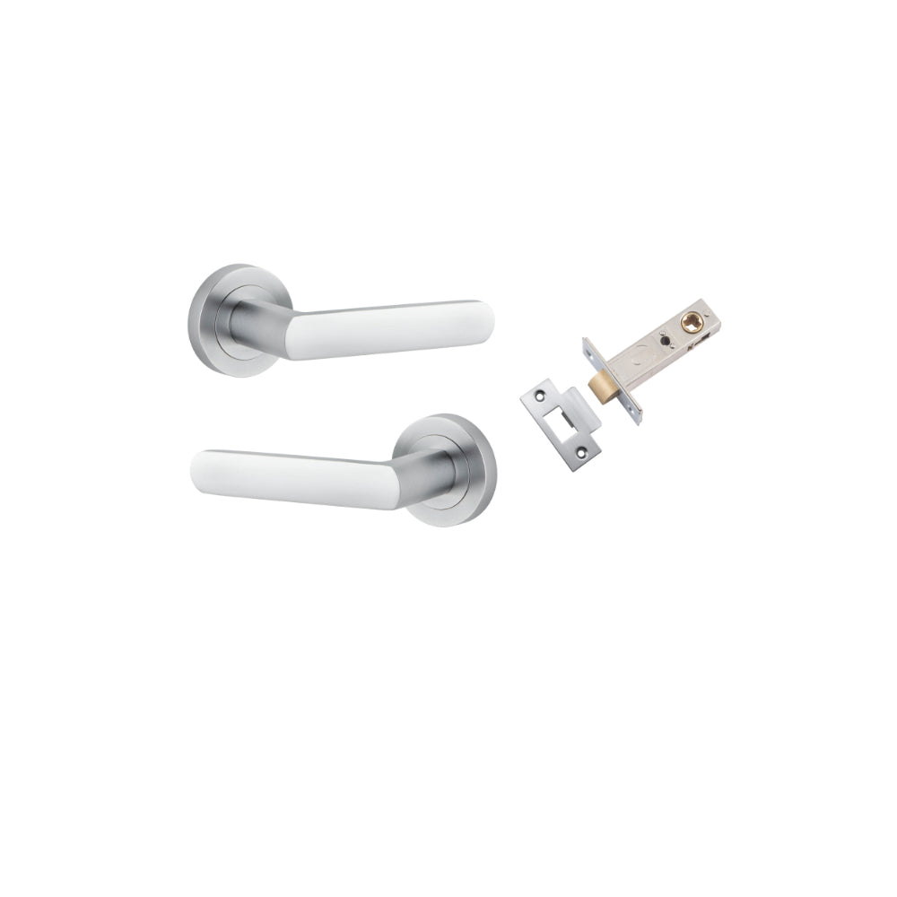 Door Lever Osaka Round Rose Brushed Chrome D52xP55mm Passage Kit, Tube Latch Split Cam 'T' Striker Brushed Chrome Backset 60mm in Brushed Chrome