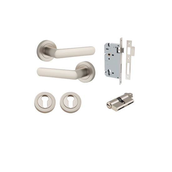 Door Lever Osaka Round Rose Satin Nickel D52xP55mm Entrance Kit, Mortice Lock Euro Satin Nickel CTC85mm Backset 60mm, Euro Cylinder Dual Function 5 Pin Satin Nickel L65mm KA1, Escutcheon Euro Concealed Fix Round Pair Satin Nickel D52xP10mm in Satin Nickel