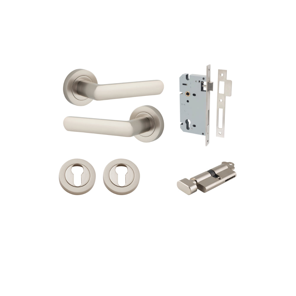 Door Lever Osaka Round Rose Satin Nickel D52xP55mm Entrance Kit, Mortice Lock Euro Satin Nickel CTC85mm Backset 60mm, Euro Cylinder Key Thumb 6 Pin Satin Nickel L70mm KA1, Escutcheon Euro Concealed Fix Round Pair Satin Nickel D52xP10mm in Satin Nickel