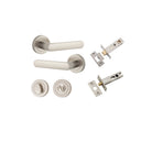 Door Lever Osaka Round Rose Satin Nickel D52xP55mm Privacy Kit, Tube Latch Split Cam 'T' Striker Satin Nickel Backset 60mm, Privacy Bolt Round Bolt Satin Nickel Backset 60mm, Privacy Turn Oval Concealed Fix Round Satin Nickel D52xP23mm in Satin Nickel