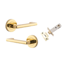 Door Lever Baltimore Return Round Rose Inbuilt Privacy Pair Polished Brass D58xP58mm with Tube Latch Privacy with Faceplate & T Striker Backset 60mm in Polished Brass