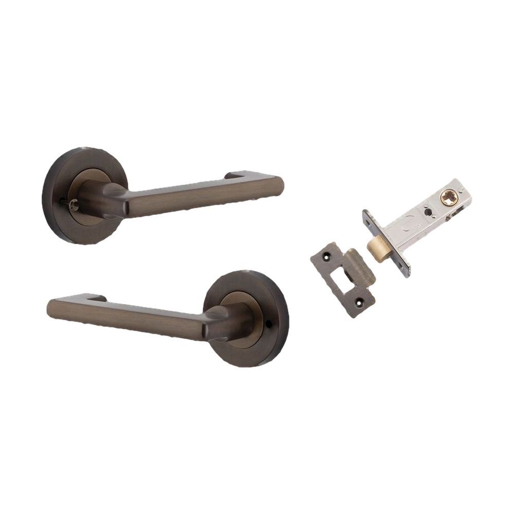 Door Lever Baltimore Return Round Rose Inbuilt Privacy Pair Signature Brass D58xP58mm with Tube Latch Privacy with Faceplate & T Striker Backset 60mm in Signature Brass