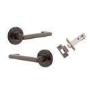 Door Lever Baltimore Return Round Rose Inbuilt Privacy Pair Signature Brass D58xP58mm with Tube Latch Privacy with Faceplate & T Striker Backset 60mm in Signature Brass