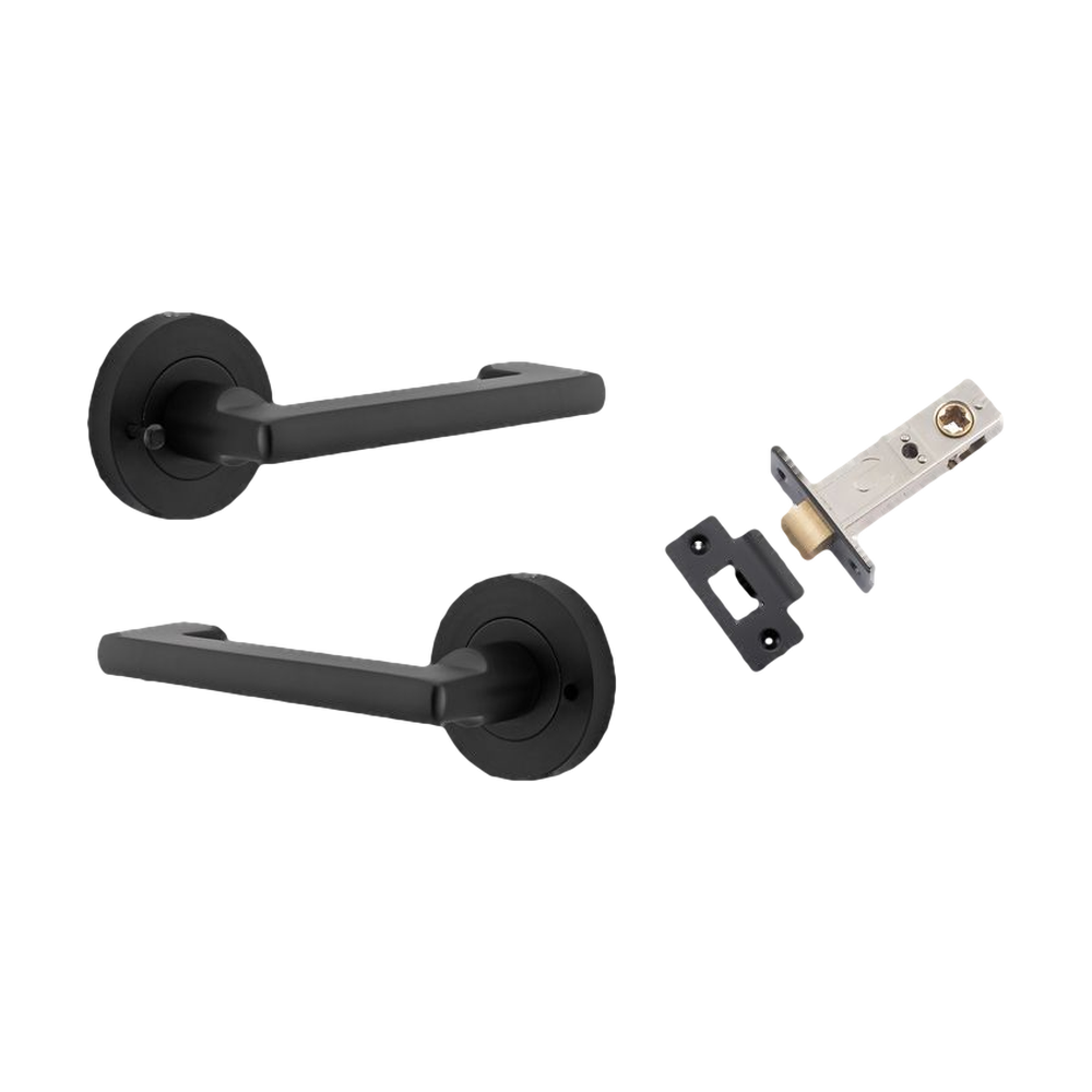 Door Lever Baltimore Return Round Rose Inbuilt Privacy Pair Matt Black D58xP58mm with Tube Latch Privacy with Faceplate & T Striker Backset 60mm in Matt Black