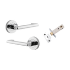 Door Lever Baltimore Return Round Rose Inbuilt Privacy Pair Polished Chrome D58xP58mm with Tube Latch Privacy with Faceplate & T Striker Backset 60mm in Polished Chrome