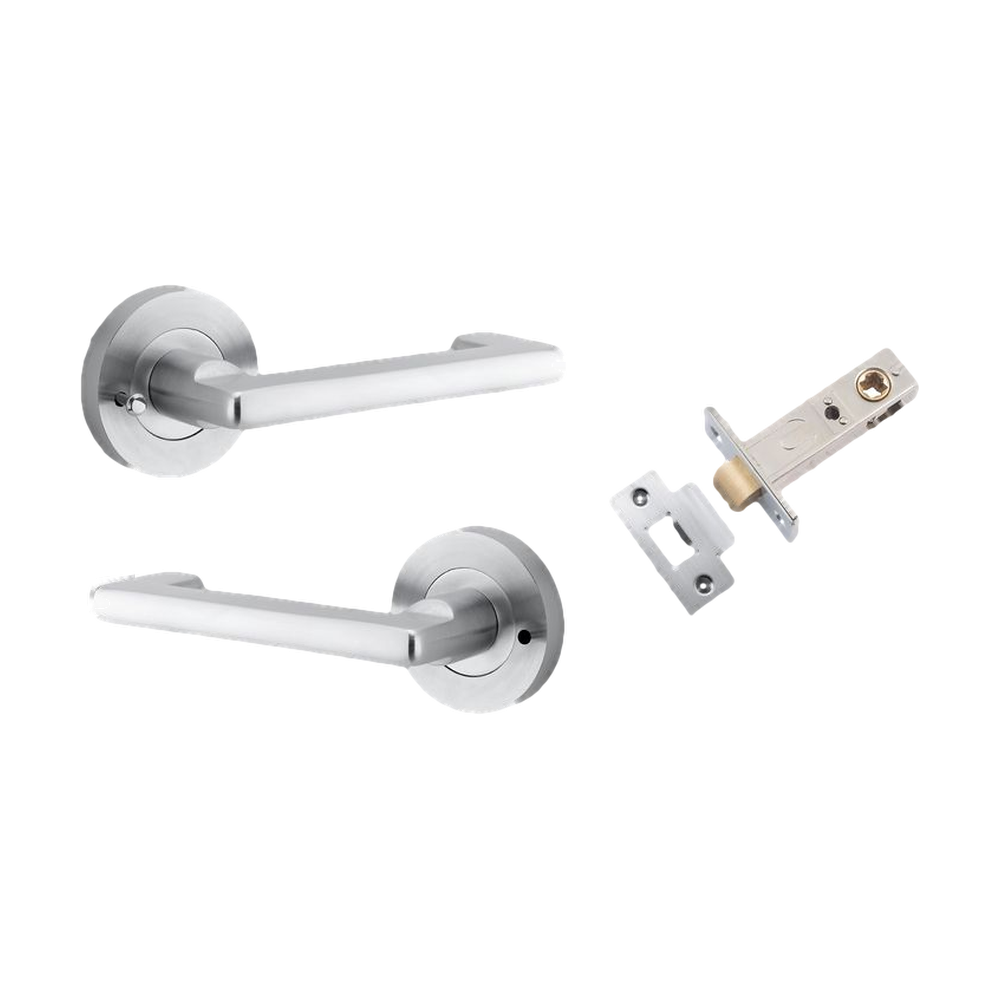 Door Lever Baltimore Return Round Rose Inbuilt Privacy Pair Brushed Chrome D58xP58mm with Tube Latch Privacy with Faceplate & T Striker Backset 60mm in Brushed Chrome