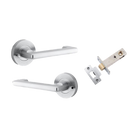 Door Lever Baltimore Return Round Rose Inbuilt Privacy Pair Brushed Chrome D58xP58mm with Tube Latch Privacy with Faceplate & T Striker Backset 60mm in Brushed Chrome