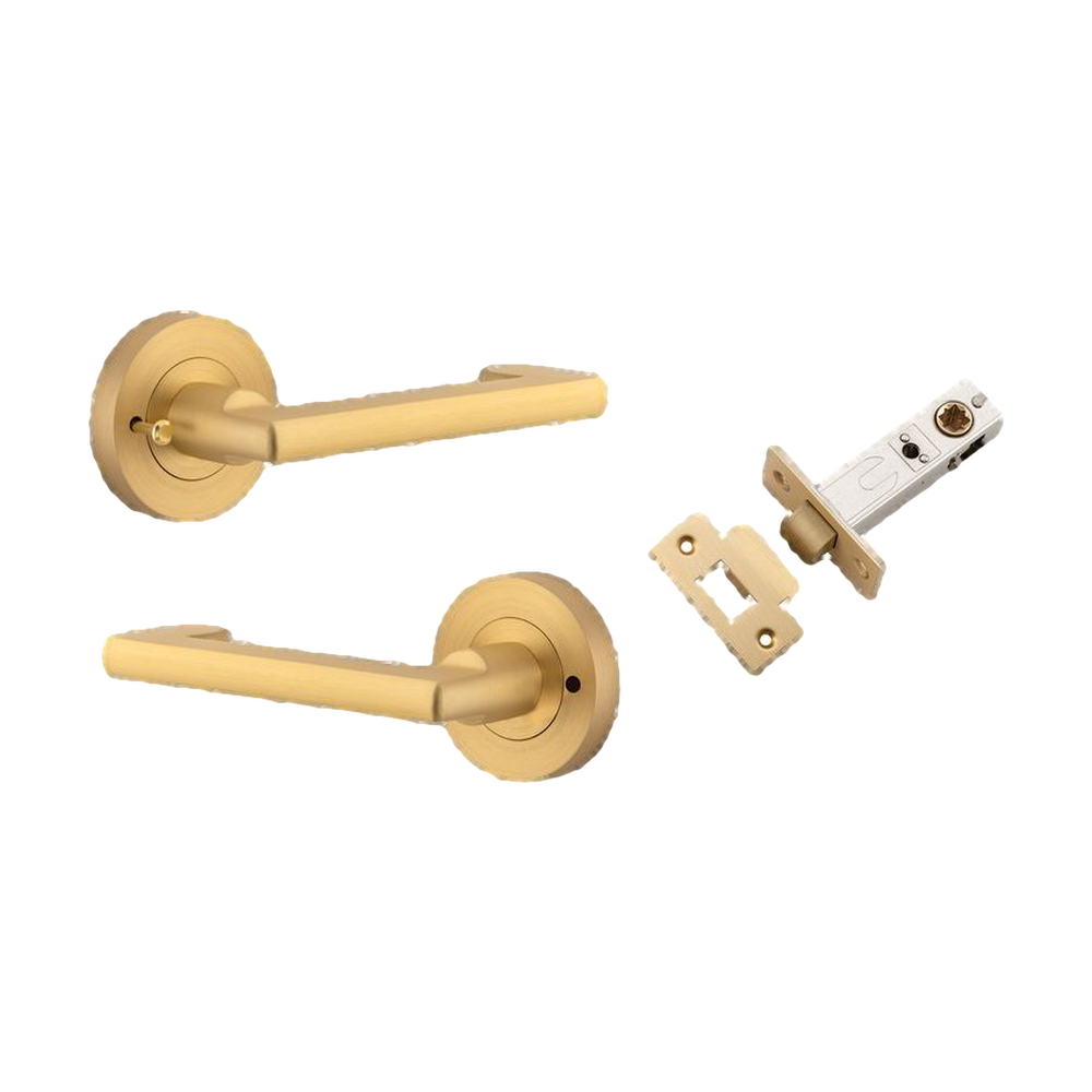 Door Lever Baltimore Return Round Rose Inbuilt Privacy Pair Brushed Brass D58xP58mm with Tube Latch Privacy with Faceplate & T Striker Backset 60mm in Brushed Brass