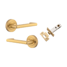 Door Lever Baltimore Return Round Rose Inbuilt Privacy Pair Brushed Brass D58xP58mm with Tube Latch Privacy with Faceplate & T Striker Backset 60mm in Brushed Brass
