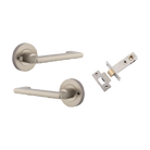 Door Lever Baltimore Return Round Rose Inbuilt Privacy Pair Satin Nickel D58xP58mm with Tube Latch Privacy with Faceplate & T Striker Backset 60mm in Satin Nickel