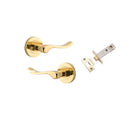 Door Lever Stirling Round Rose Inbuilt Privacy Pair Polished Brass D58xP64mm with Tube Latch Privacy with Faceplate & T Striker Backset 60mm in Polished Brass