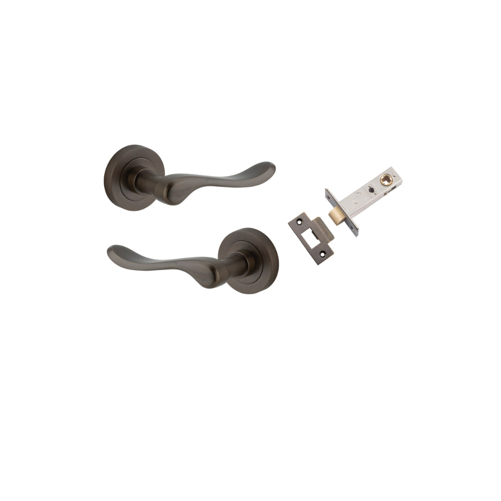 Door Lever Stirling Round Rose Signature Brass D52xP64mm Passage Kit, Tube Latch Split Cam 'T' Striker Signature Brass Backset 60mm in Signature Brass