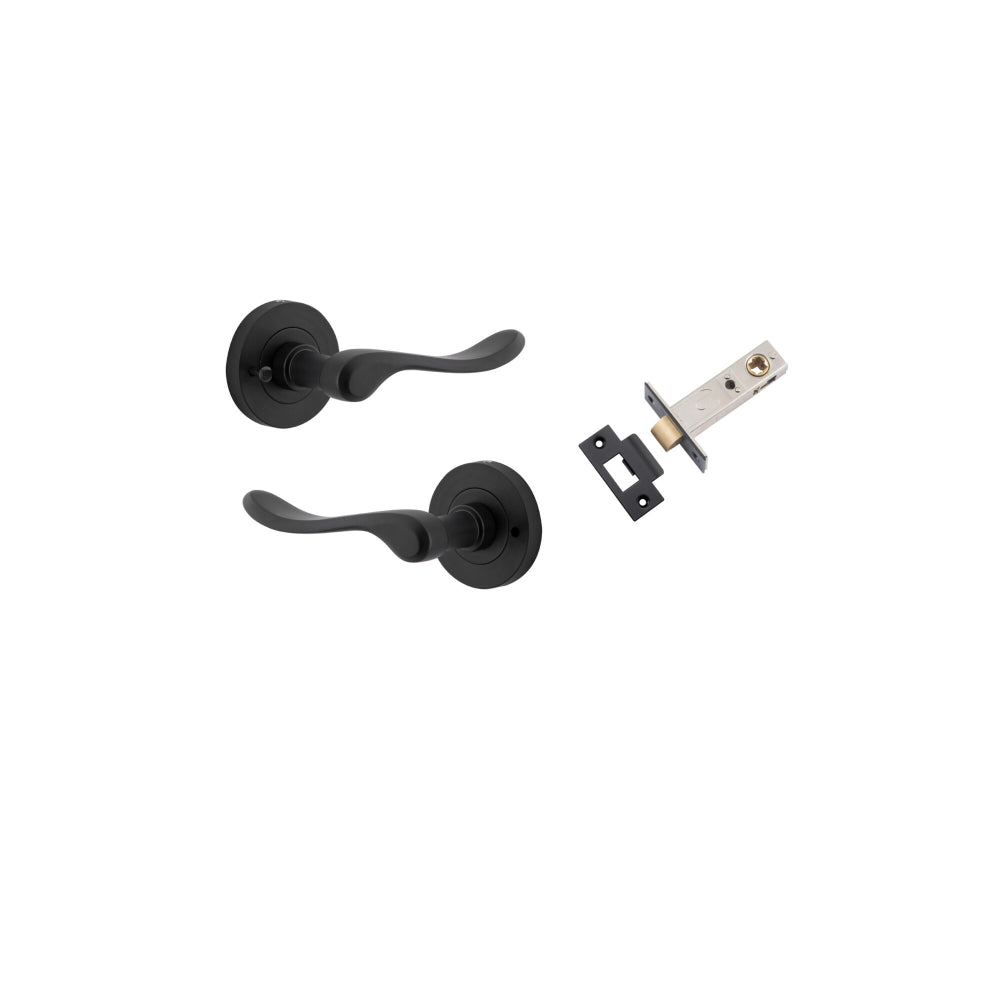 Door Lever Stirling Round Rose Inbuilt Privacy Pair Matt Black D58xP64mm with Tube Latch Privacy with Faceplate & T Striker Backset 60mm in Matt Black