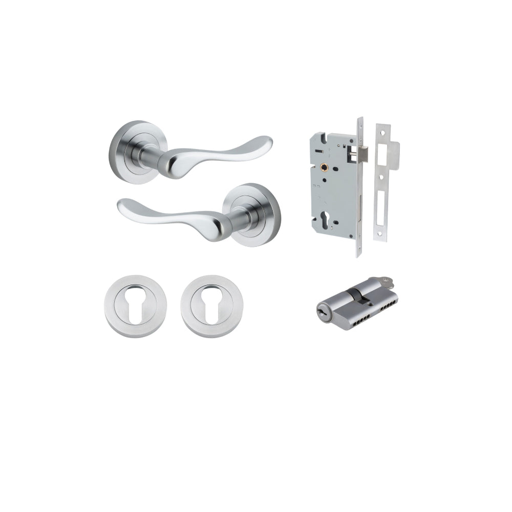 Door Lever Stirling Round Rose Brushed Chrome D52xP64mm Entrance Kit, Mortice Lock Euro Brushed Chrome CTC85mm Backset 60mm, Euro Cylinder Dual Function 5 Pin Brushed Chrome L65mm KA1, Escutcheon Euro Concealed Fix Round Pair Brushed Chrome D52xP10mm in B