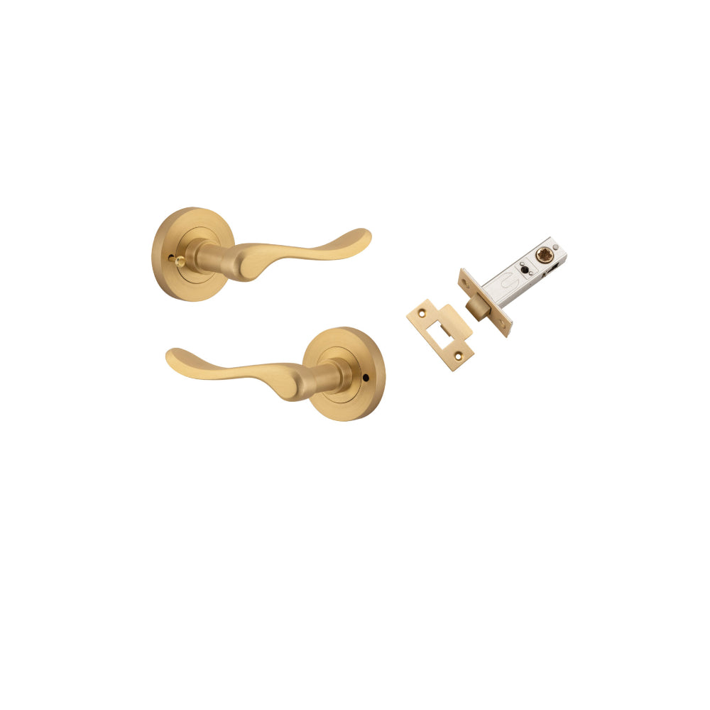Door Lever Stirling Round Rose Inbuilt Privacy Pair Brushed Brass D58xP64mm with Tube Latch Privacy with Faceplate & T Striker Backset 60mm in Brushed Brass