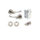 Door Lever Stirling Round Rose Satin Nickel D52xP64mm Entrance Kit, Mortice Lock Euro Satin Nickel CTC85mm Backset 60mm, Euro Cylinder Dual Function 5 Pin Satin Nickel L65mm KA1, Escutcheon Euro Concealed Fix Round Pair Satin Nickel D52xP10mm in Satin Nic