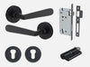 Door Lever Copenhagen Round Rose Matt Black D52xP61mm Entrance Kit, Mortice Lock Euro Matt Black CTC85mm Backset 60mm, Euro Cylinder Dual Function 5 Pin Matt Black L65mm KA1, Escutcheon Euro Concealed Fix Round Pair Matt Black D52xP10mm in Matt Black