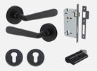 Door Lever Copenhagen Round Rose Matt Black D52xP61mm Entrance Kit, Mortice Lock Euro Matt Black CTC85mm Backset 60mm, Euro Cylinder Dual Function 5 Pin Matt Black L65mm KA1, Escutcheon Euro Concealed Fix Round Pair Matt Black D52xP10mm in Matt Black