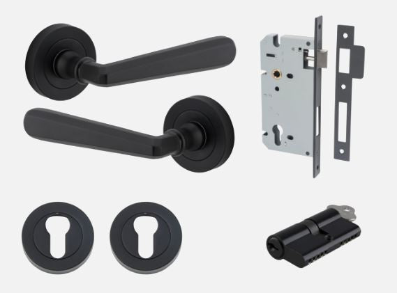 Door Lever Copenhagen Round Rose Matt Black D52xP61mm Entrance Kit, Mortice Lock Euro Matt Black CTC85mm Backset 60mm, Euro Cylinder Dual Function 5 Pin Matt Black L65mm KA1, Escutcheon Euro Concealed Fix Round Pair Matt Black D52xP10mm in Matt Black