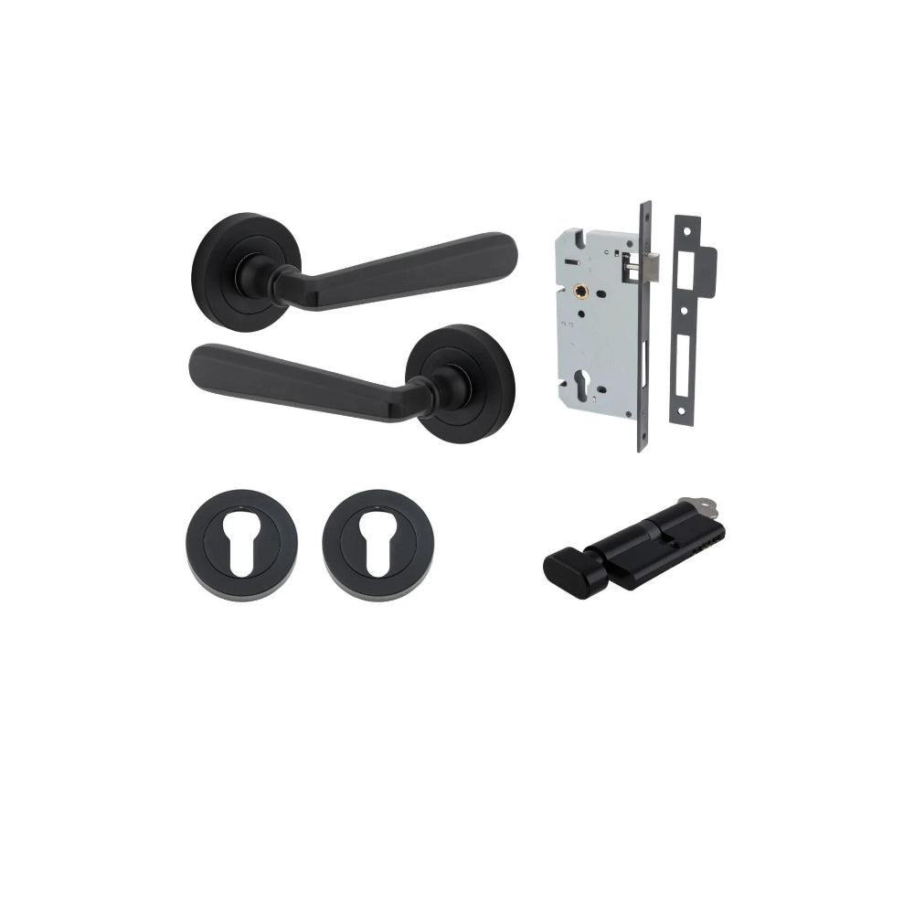 Door Lever Copenhagen Round Rose Matt Black D52xP61mm Entrance Kit, Mortice Lock Euro Matt Black CTC85mm Backset 60mm, Euro Cylinder Key Thumb 6 Pin Matt Black L70mm KA1, Escutcheon Euro Concealed Fix Round Pair Matt Black D52xP10mm in Matt Black