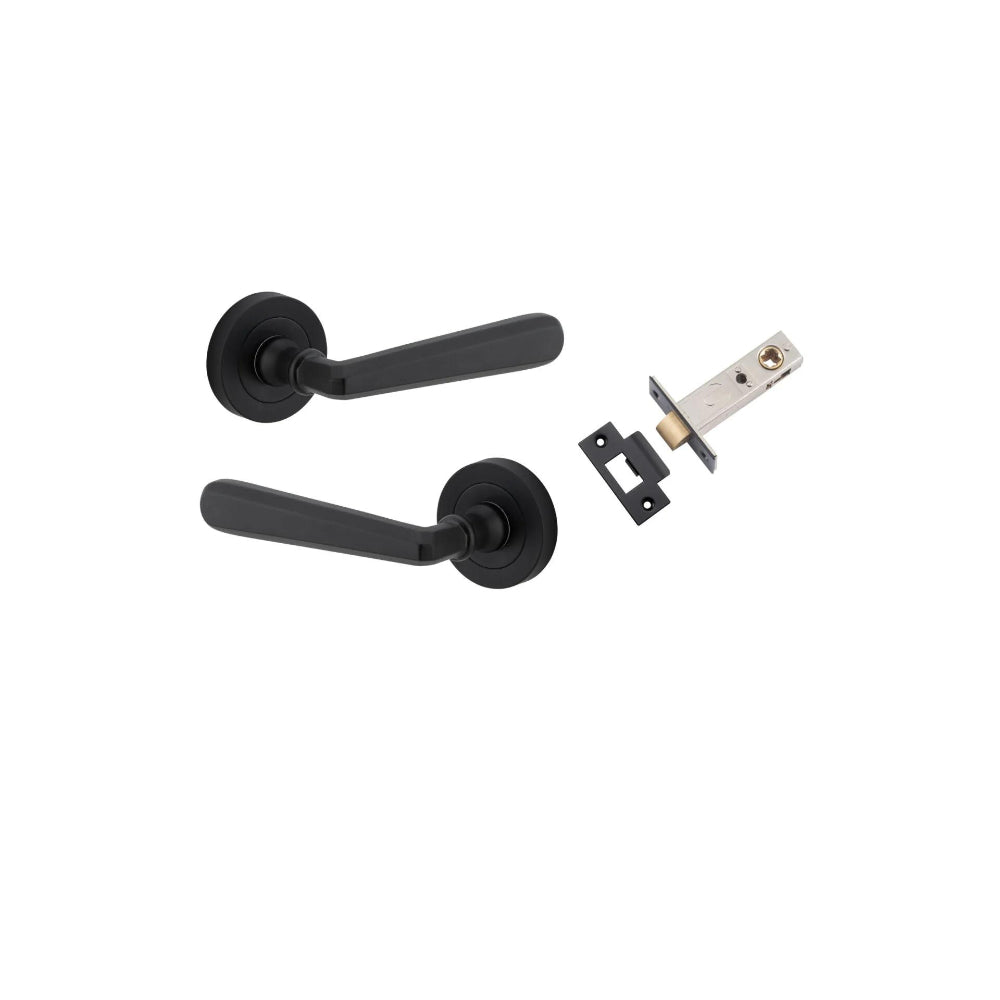 Door Lever Copenhagen Round Rose Matt Black D52xP61mm Passage Kit, Tube Latch Split Cam 'T' Striker Matt Black Backset 60mm in Matt Black