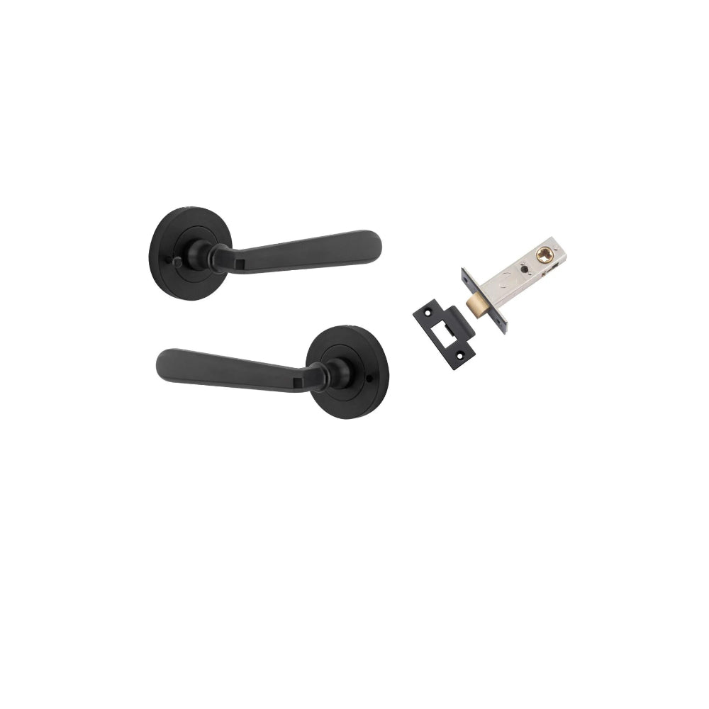 Door Lever Copenhagen Round Rose Matt Black D52xP61mm Privacy Kit, Tube Latch Split Cam 'T' Striker Matt Black Backset 60mm, Privacy Bolt Round Bolt Matt Black Backset 60mm, Privacy Turn Oval Concealed Fix Round Matt Black D52xP23mm in Matt Black