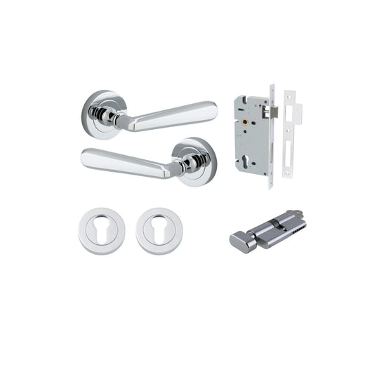 Door Lever Copenhagen Round Rose Polished Chrome D52xP61mm Entrance Kit, Mortice Lock Euro Polished Chrome CTC85mm Backset 60mm, Euro Cylinder Key Thumb 6 Pin Polished Chrome L70mm KA1, Escutcheon Euro Concealed Fix Round Pair Polished Chrome D52x… in Pol